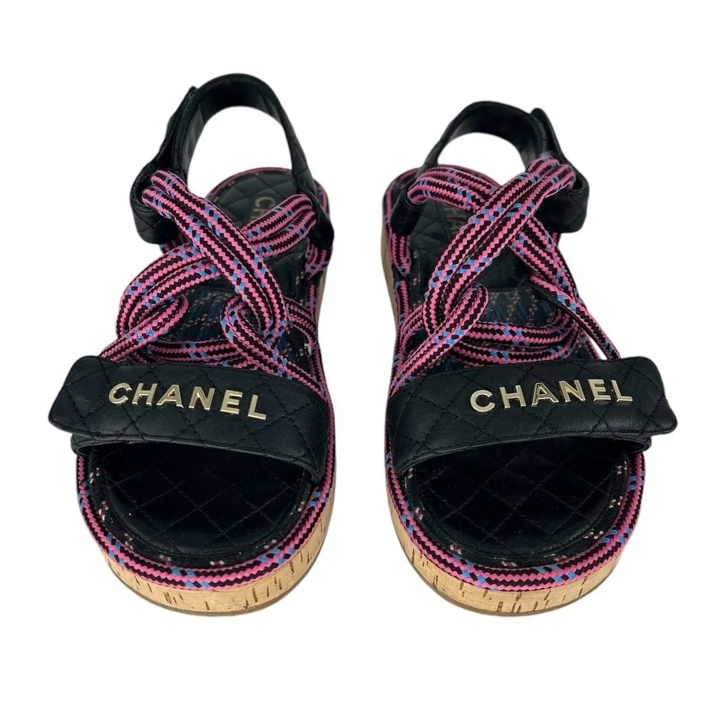 Chanel 2020 Cord Lambskin Quilted Logo Sandals Pink Black Size 38